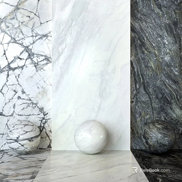 Marble Wall Panels with Various Textures White Black and Gray Decorative Spheres 3d model 