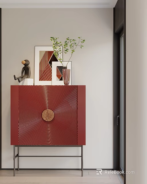 Red Entryway Console Cabinet With Spiral Pattern Wooden Accent Framed Art And Decorative Plants 3d model 