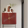 Red Entryway Console Cabinet With Spiral Pattern Wooden Accent Framed Art And Decorative Plants
