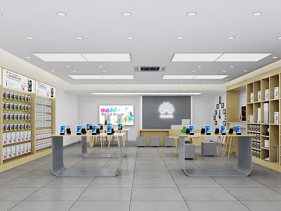 Modern Bright Digital Store Interior With Display Tables And Shelves Featuring Smartphones And Tablets 3d model
