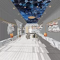 Elegant Clothing Store Interior Design With Blue Patterned Ceiling And Hanging Garments