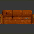 Worn Orange Sofa With Torn Seats And Visible Fabric Damage