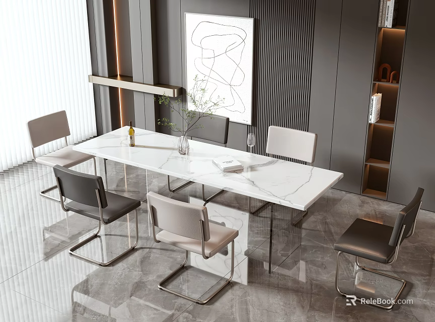 Modern Dining Table Set With Marble Top Metal Legs And Chairs Near Abstract Painting 3d model 