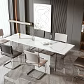 Modern Dining Table Set With Marble Top Metal Legs And Chairs Near Abstract Painting