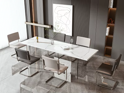 Modern Dining Table Set With Marble Top Metal Legs And Chairs Near Abstract Painting 3d model