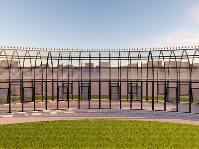 Modern Glass Arched Framework With Green Grass Field And City Buildings In Background 3d model