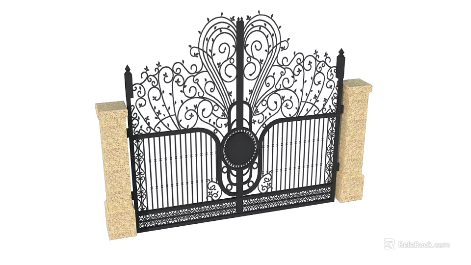 Elegant Building Exterior Wall With Wrought Iron Gate Ornate Design And Stone Pillars 3d model 