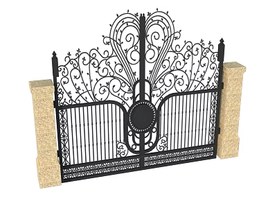 Elegant Building Exterior Wall With Wrought Iron Gate Ornate Design And Stone Pillars 3d model