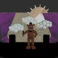 Brown Bear Character Wearing Top Hat Holding Microphone With White Balloons And Purple Curtain