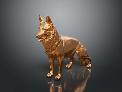 Shiny Golden German Shepherd Decorative Figurine on Dark Reflective Surface 3d model