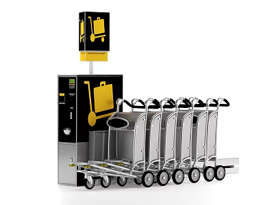 Airport Row Of Luggage Carts Next To Self Service Machine For Travelers 3d model