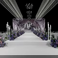 Elegant Banquet Hall With Purple Drapery Floral Decor Stage Steps And Chandeliers