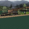 Modern Wooden Building With Open Design Terrace Outdoor Seating Umbrellas Greenery Mountain View And Sky