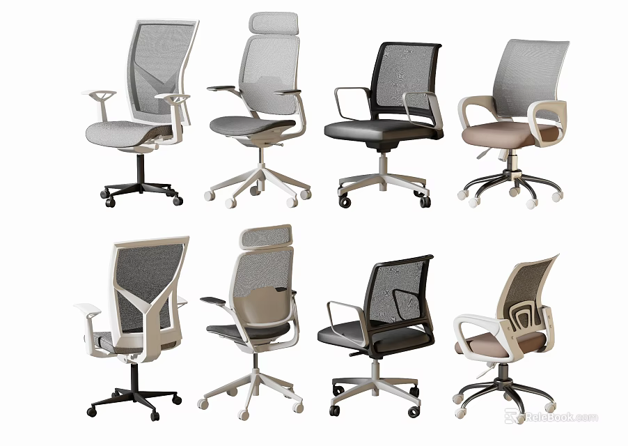 Modern Office Chairs With Mesh Back Swivel Wheels And Various Neutral Styles 3d model 