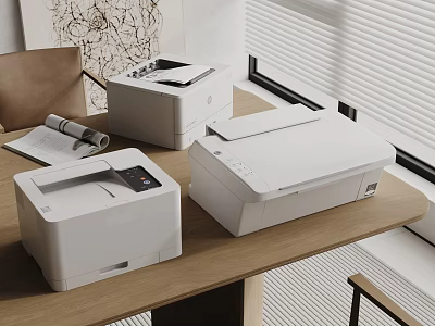 Modern White Office Printers On Wooden Desk In Workspace With Documents 3d model