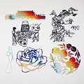 Colorful and Black White Wall Decor With Traditional Architecture Great Wall Figures and Floral Patterns