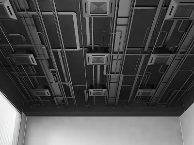 Industrial Style Ceiling With Metal Frames Pipes And Ventilation Grilles 3d model