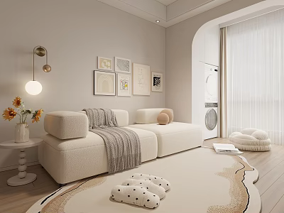 Cozy Living Room Interior With Beige Walls Arched Window Light Sofa And Wall Art 3d model