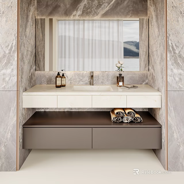 Elegant Bathroom Vanity With Marble Countertop Cabinet Rolled Towels Large Mirror And Mountain View Window 3d model 