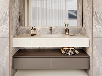 Elegant Bathroom Vanity With Marble Countertop Cabinet Rolled Towels Large Mirror And Mountain View Window 3d model