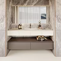 Elegant Bathroom Vanity With Marble Countertop Cabinet Rolled Towels Large Mirror And Mountain View Window