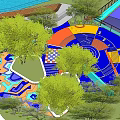 Colorful Outdoor Kids Play Area With Floor Patterns Trees Play Equipment And Water Pool