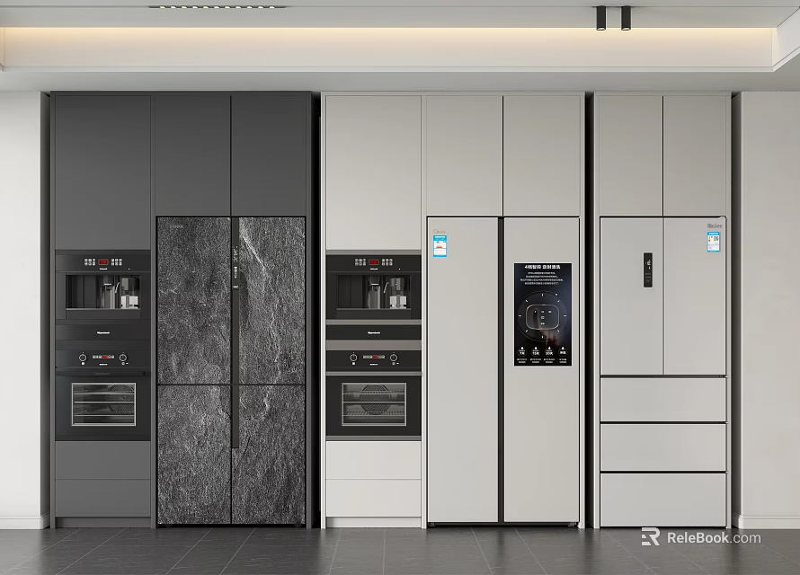 Modern Kitchen Featuring Built in Gray And White Refrigerators And Freezers 3d model 