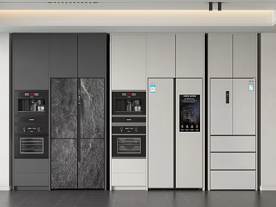 Modern Kitchen Featuring Built in Gray And White Refrigerators And Freezers 3d model