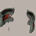 Building Facade With Arched Stone Design Red Inner Panels Mist Effect And Small Human Figure