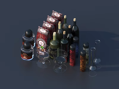 Diverse Collection of Wine Bottles and Glasses with Assorted Shapes and Decorative Labels 3d model