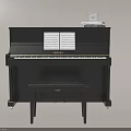 Black Upright Piano with Music Sheet Small Clock and Matching Bench