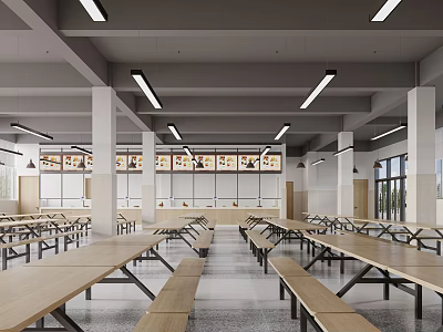 Spacious Modern Cafeteria Interior With Long Tables Benches And Ceiling Lights 3d model