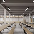Spacious Modern Cafeteria Interior With Long Tables Benches And Ceiling Lights 3d model
