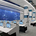 Modern High Tech Control Room With Large Monitoring Screens Workstations And Office Chairs
