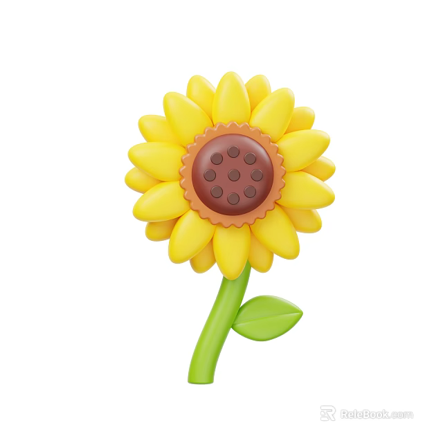 Vibrant Yellow Sunflower Plant with Brown Disk and Green Stem Leaf 3d model 