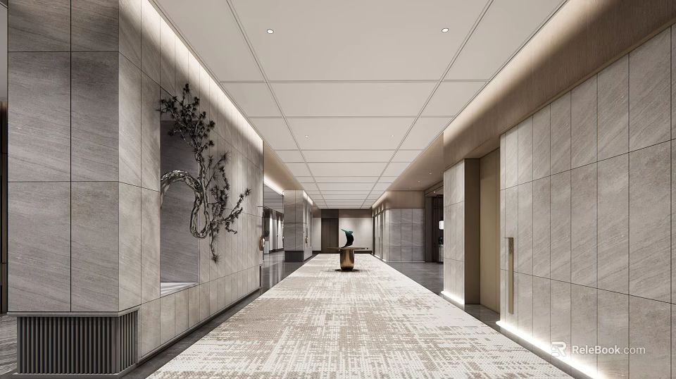 Elegant Elevator Hallway with Gray Marble Walls Patterned Carpet Recessed Lighting and Decorative Branch Sculpture 3d model 