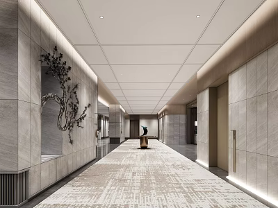 Elegant Elevator Hallway with Gray Marble Walls Patterned Carpet Recessed Lighting and Decorative Branch Sculpture 3d model