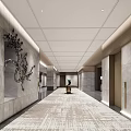 Elegant Elevator Hallway with Gray Marble Walls Patterned Carpet Recessed Lighting and Decorative Branch Sculpture