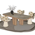 Wooden Table And Palm Tree Pattern Chairs Set With White Legs Round Rug Black Vase