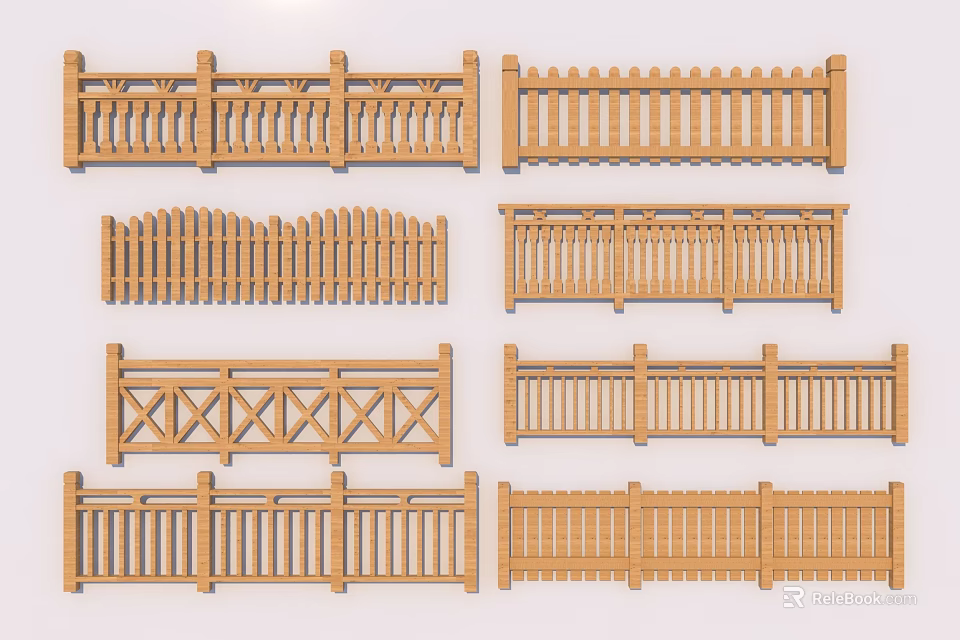 Different Styles of Wooden Railings with Various Design Patterns for Home Decoration 3d model 