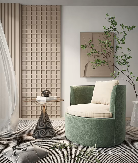 Green Velvet Single Sofa With Round Armrest Light Beige Cushion And Light Brown Lattice Wall 3d model 