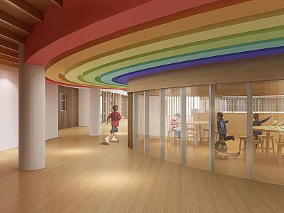 Colorful Indoor Space Featuring Rainbow Curved Ceiling Wooden Floor And People Activities 3d model