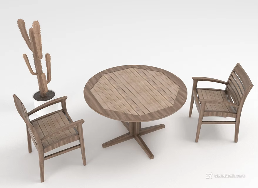 Wooden Round Dining Table Set with Two Chairs and Cactus Decor 3d model 