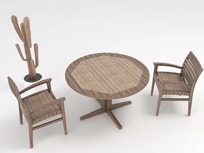 Wooden Round Dining Table Set with Two Chairs and Cactus Decor 3d model