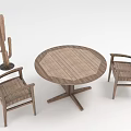Wooden Round Dining Table Set with Two Chairs and Cactus Decor 3d model