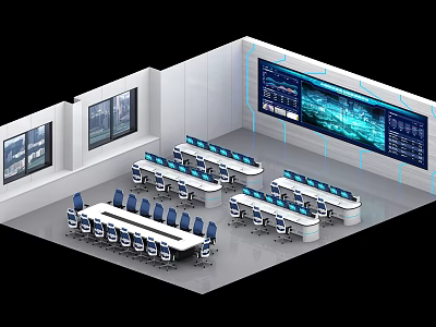 Modern Control Room Interior With Large Display Wall Console Desks And Arranged Chairs 3d model