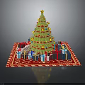 Festive Christmas Tree Decorated With Ornaments And Gifts On Red Carpet