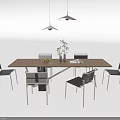 Modern Dining Table And Chairs Set With Wooden Top Metal Frames Plant Fruit Bowl And Magazine