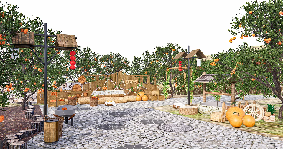Traditional Garden Landscape With Orange Trees Red Lanterns And Pumpkin Decorations 3d model 