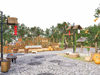 Traditional Garden Landscape With Orange Trees Red Lanterns And Pumpkin Decorations 3d model